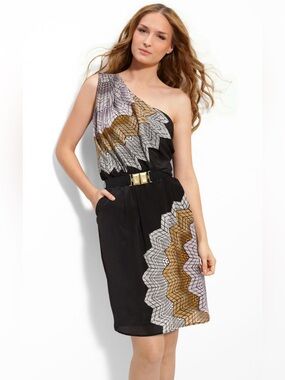 BCBGMaxazria One Shoulder Silk Dress Black Comb Argyle Greek Size Medium